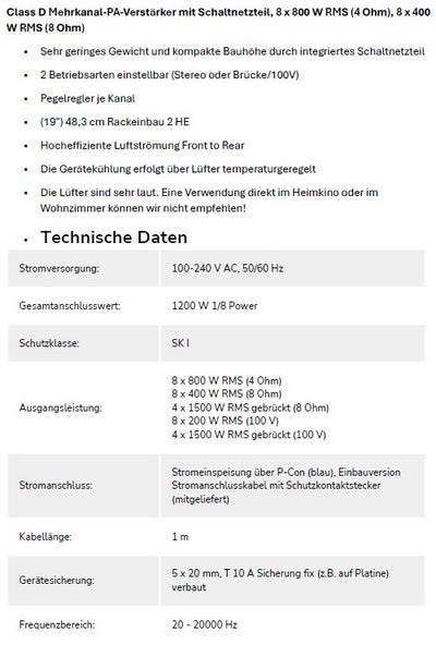Omnitronic MTC-6408 8-Kanal Endstufe