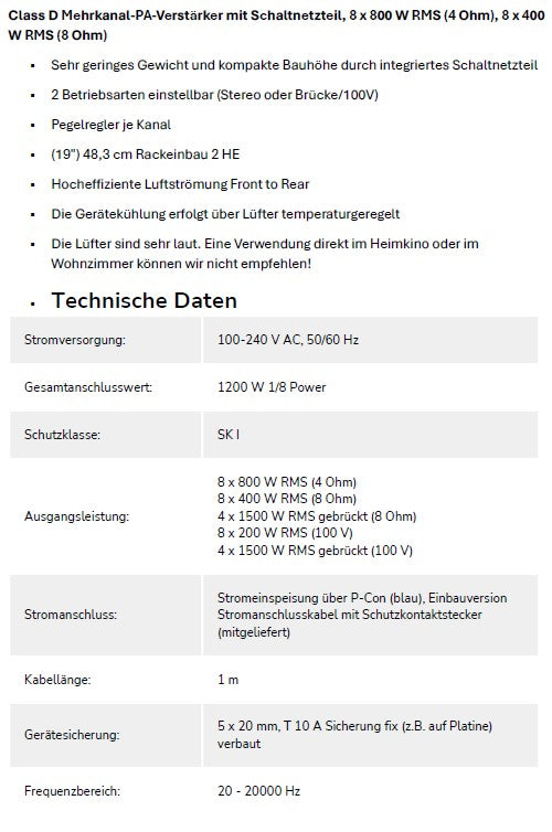 Omnitronic MTC-6408 8-Kanal Endstufe