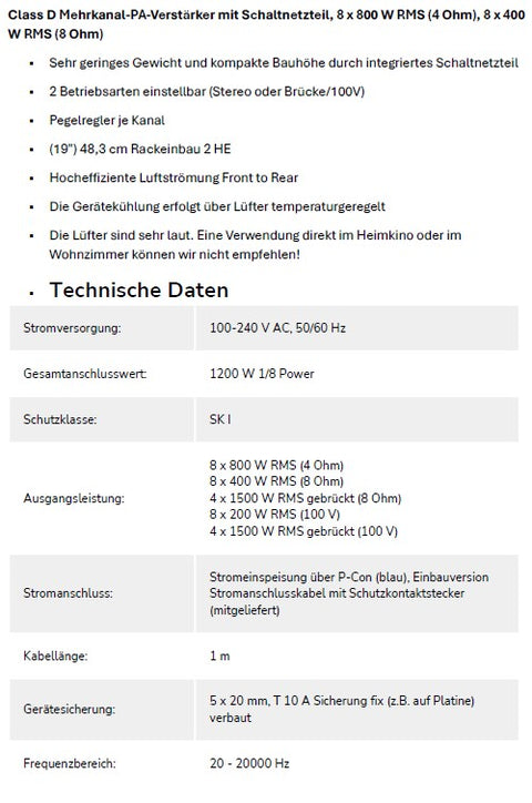 Omnitronic MTC-6408 8-Kanal Endstufe