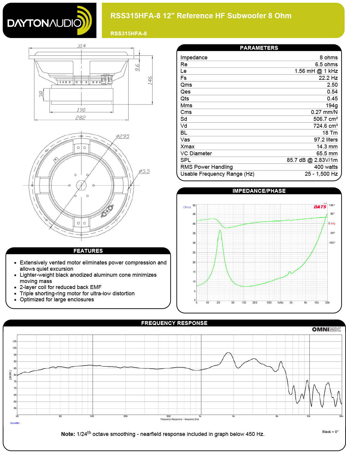 Spezifikationen 12" Chassis / Dayton Audio RSS315HFA-8