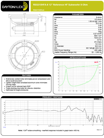 Spezifikationen 12" Chassis / Dayton Audio RSS315HFA-8